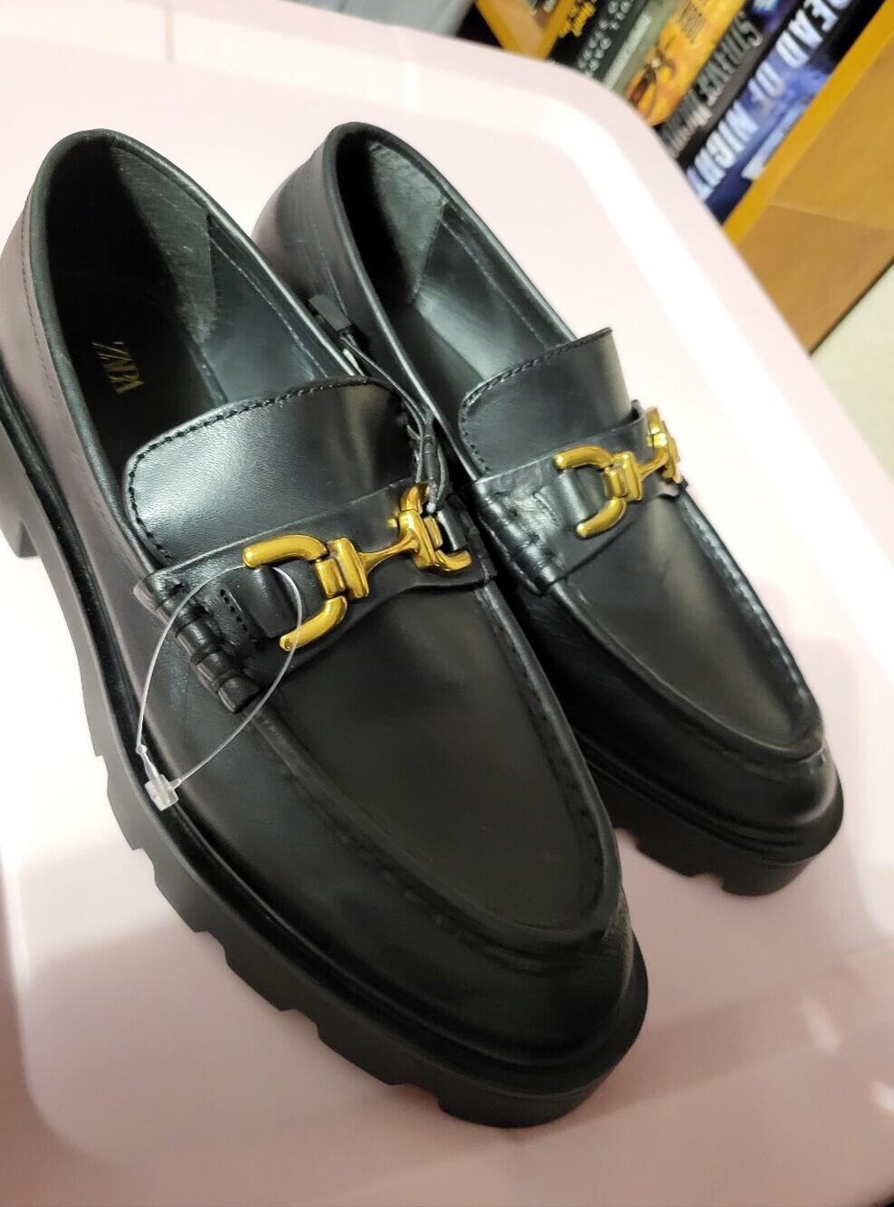 ZARA BLACK NEW LEATHER LOAFERS WITH GOLD HARDWARE SZ 39